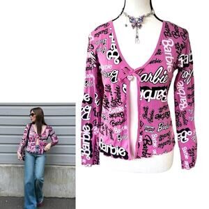 Y2K AESTHETIC BARBIE CORE LOGO PINK BOW CROP CARDIGAN SMALL/MEDIUM